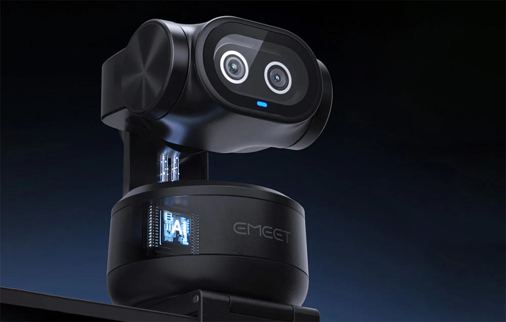 Camera web EMEET Pixy cu senzor încorporat pe un fundal întunecat