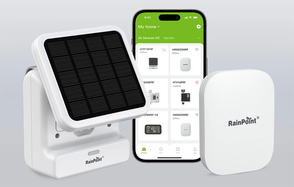 Kit RainPoint format din panou solar, gateway și aplicație mobilă pe smartphone