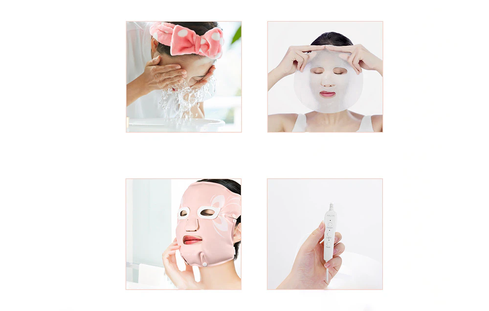 Patru fotografii care arată procesul de aplicare și utilizare a măștilor cosmetice