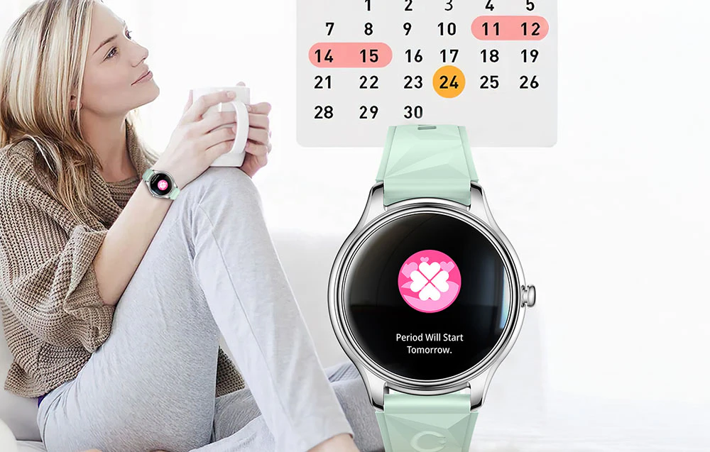 Funcția de calendar menstrual pe ecranul ceasului inteligent, cu o vizualizare a calendarului în fundal.