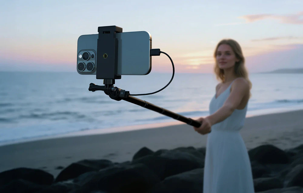 O femeie stă pe plajă și ține un selfie stick cu un smartphone în mână