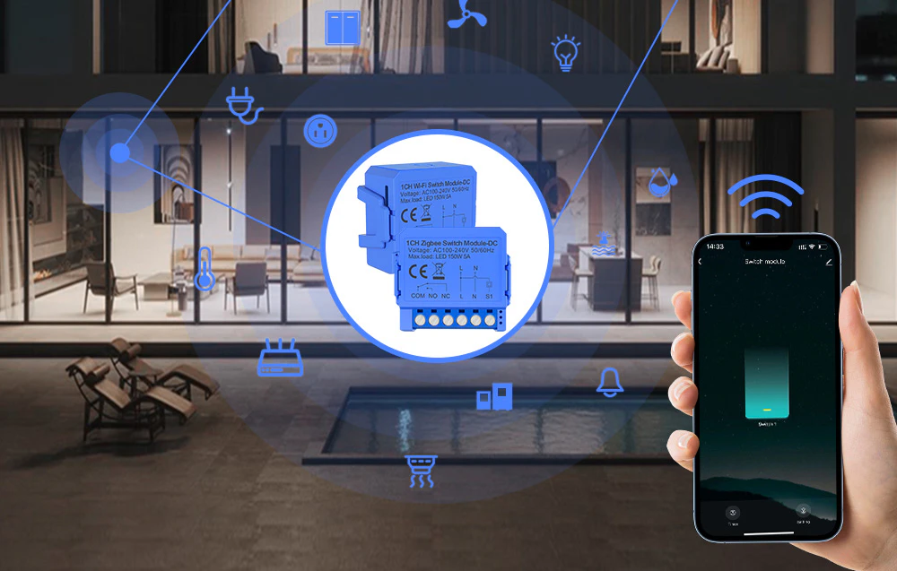Modul de comutare conectat la smartphone, creând un ecosistem de casă inteligentă cu alte dispozitive electronice