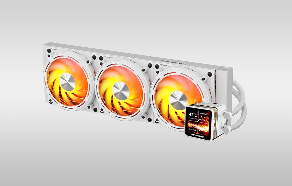 Răcire cu apă albă cu 3 ventilatoare și afișaj IPS pe fundal luminos