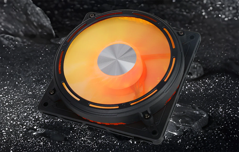 Ventilator de răcire cu iluminare de fundal galben-portocaliu pe fundal negru