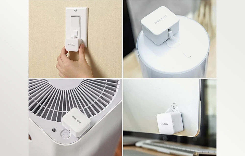 Un comutator inteligent SwitchBot negru lângă cutia sa.