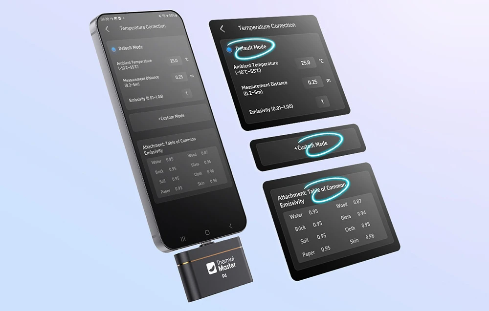 Un smartphone cu o cameră Thermal Master P4 și ecrane de setări pentru corectarea temperaturii cu un tabel de emisivitate pentru diverse materiale