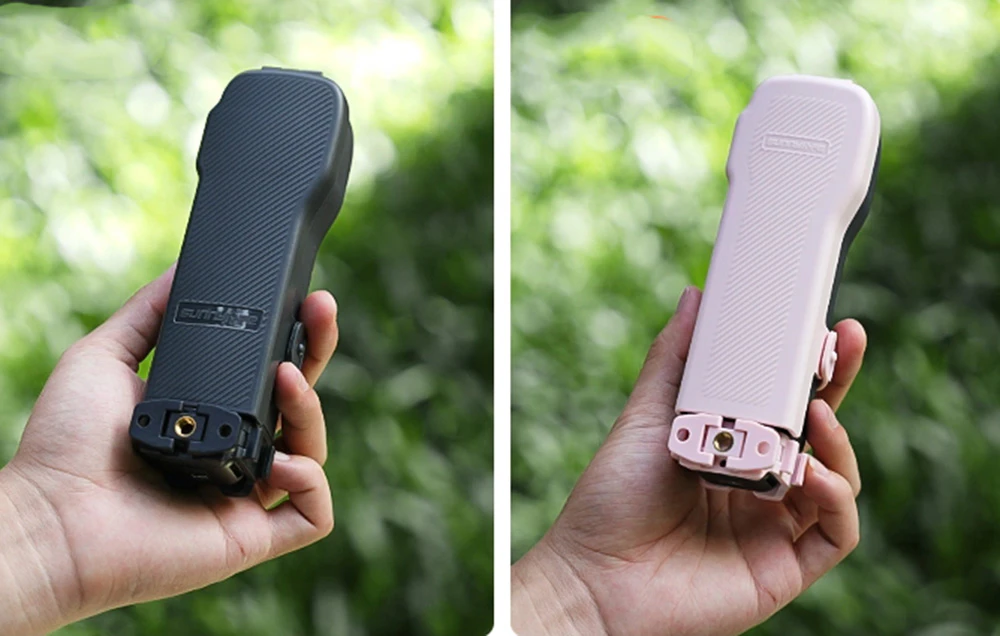 Două versiuni ale carcasei Sunnylife pentru DJI Pocket - neagră și roz, ținută în mână, vedere din partea de jos cu filetele de montare