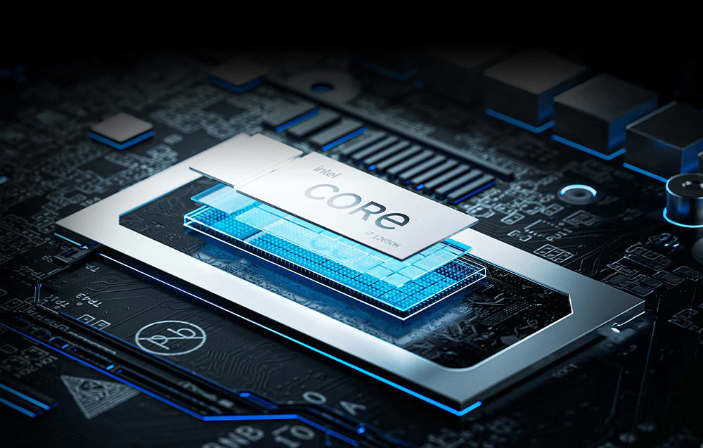 Prim plan al unei randări a unui procesor Intel Core montat pe o placă de bază cu iluminare de fundal albastră