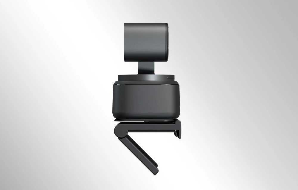 Vedere laterală a unei camere web montate pe un suport pentru monitor