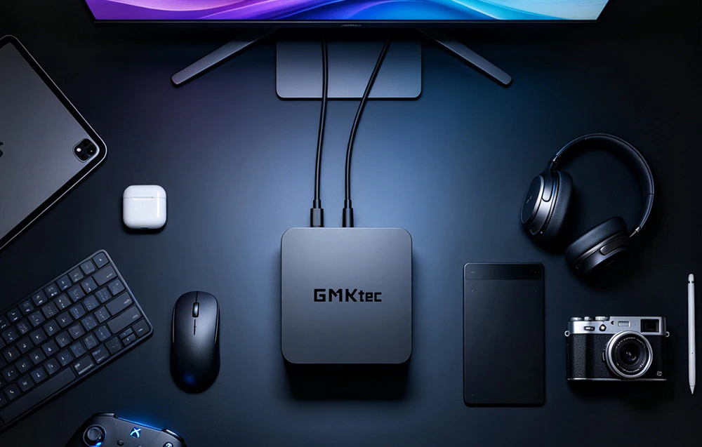 Un mini-computer GMKtec așezat pe un birou, conectat prin cabluri, înconjurat de o tastatură, un mouse, căști, un smartphone, o cameră foto și o tabletă.