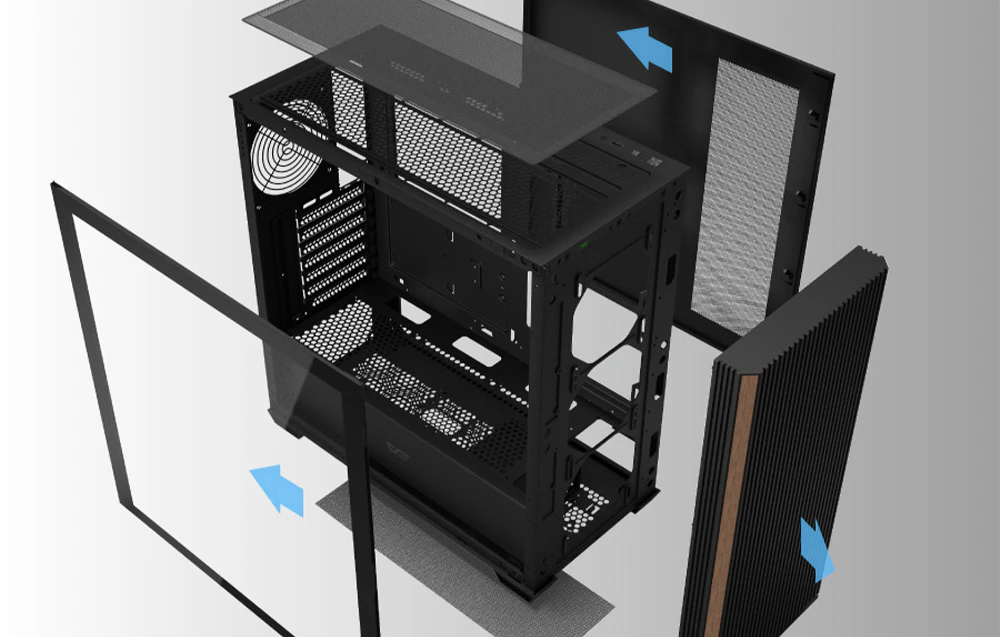 Carcasă de computer neagră cu panou lateral din sticlă călită.