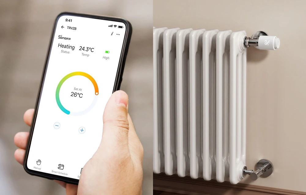 Un smartphone ținut în mână cu setările de încălzire activate; în fundal, un radiator cu termostat
