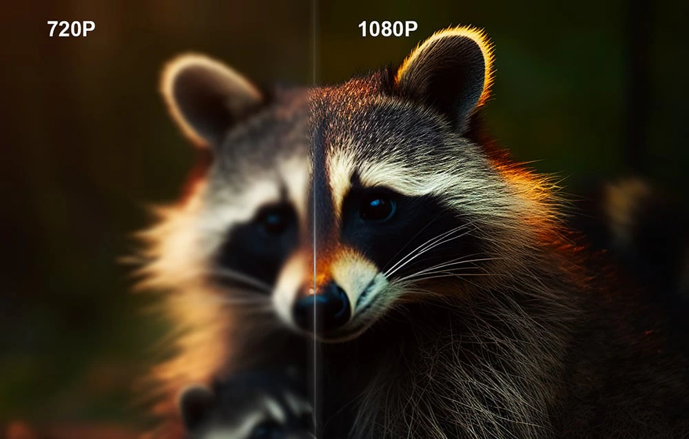 Comparație între calitatea imaginii la 720p și 1080p, folosind ca exemplu o fotografie detaliată a feței unui raton