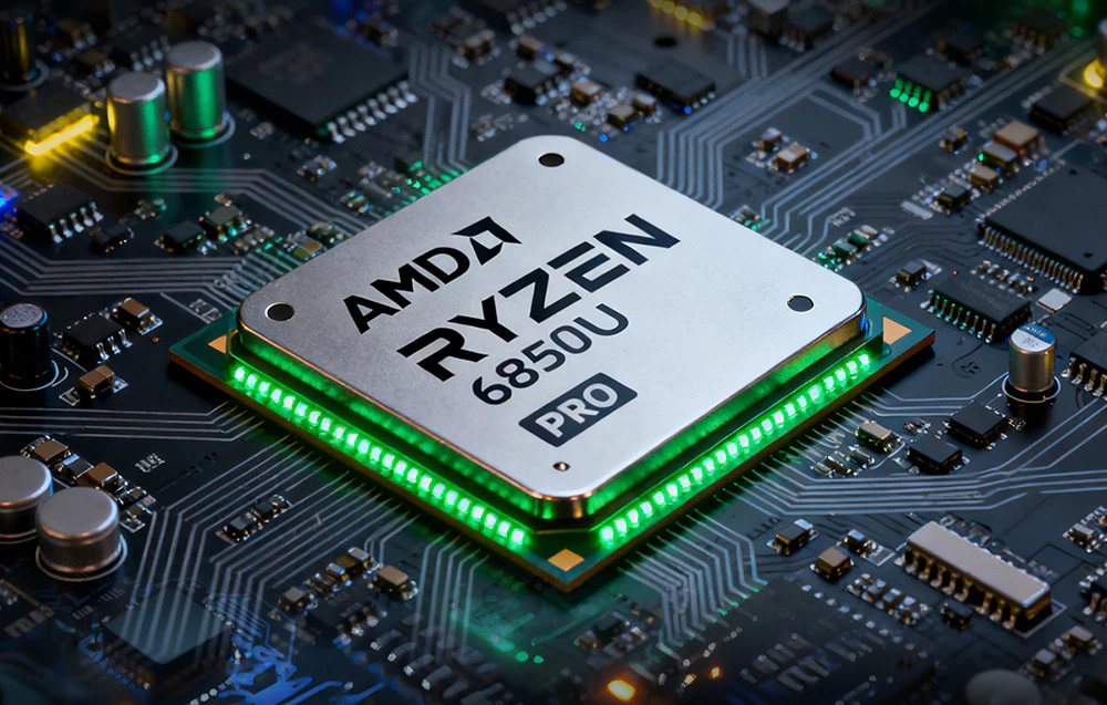 Procesor AMD Ryzen 7 6850U PRO montat într-un soclu pe placa de bază cu iluminare verde strălucitoare.