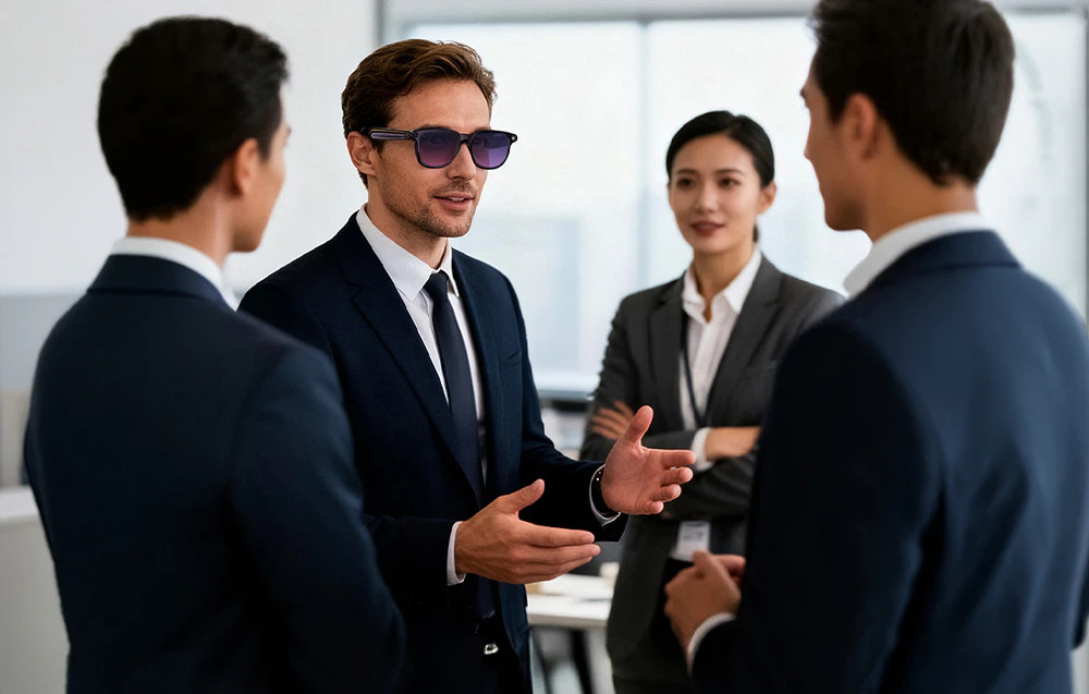 Un bărbat îmbrăcat în costum și ochelari inteligenți vorbește cu un grup de persoane într-un birou
