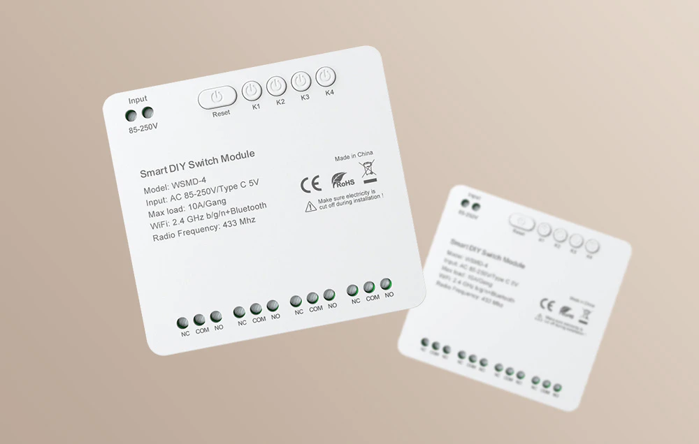 O vedere în perspectivă a modulului Smart DIY WiFi Switch cu certificări CE și RoHS