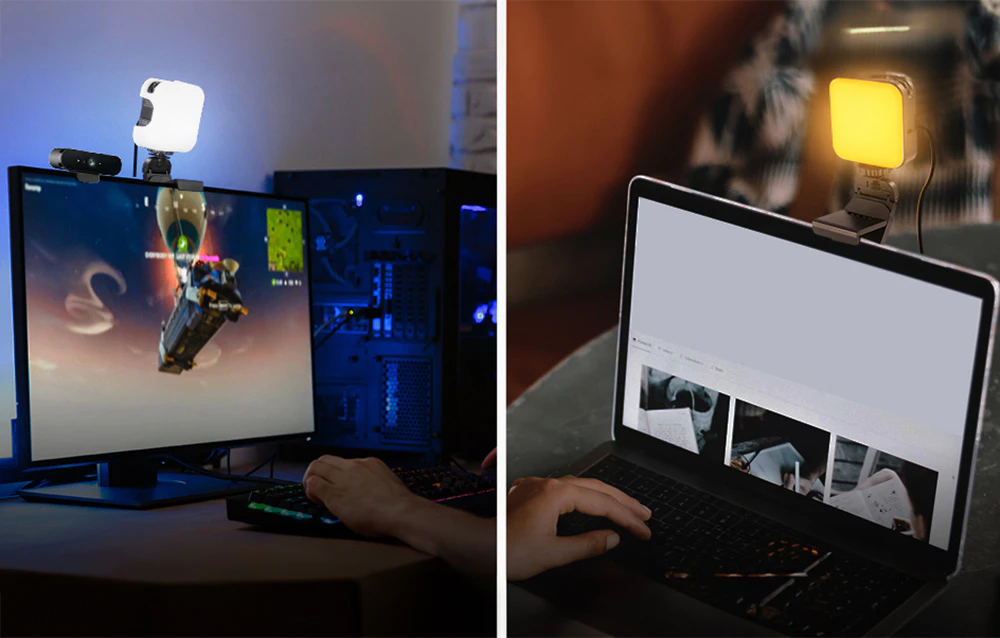 Două juxtapuneri - în stânga, un computer desktop cu un joc și o lampă LED montată, în dreapta, un laptop cu o lumină LED portocalie și un site web deschis