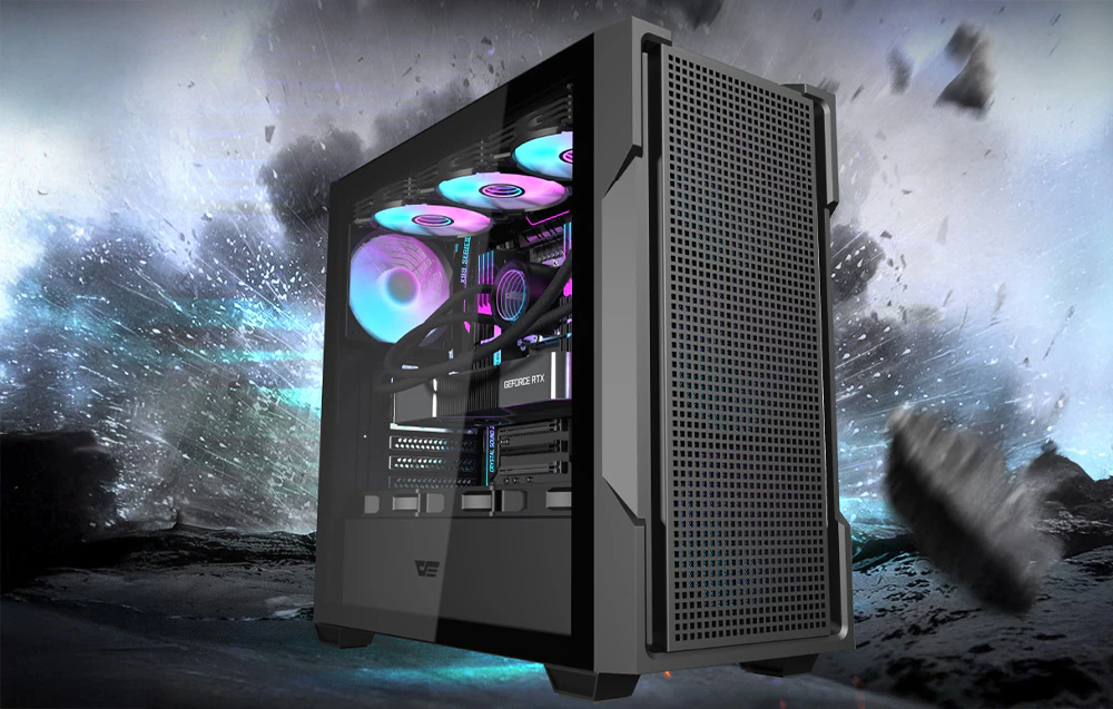 Carcasă de computer Darkflash DS900 Mesh neagră pe un fundal de fum și explozie.