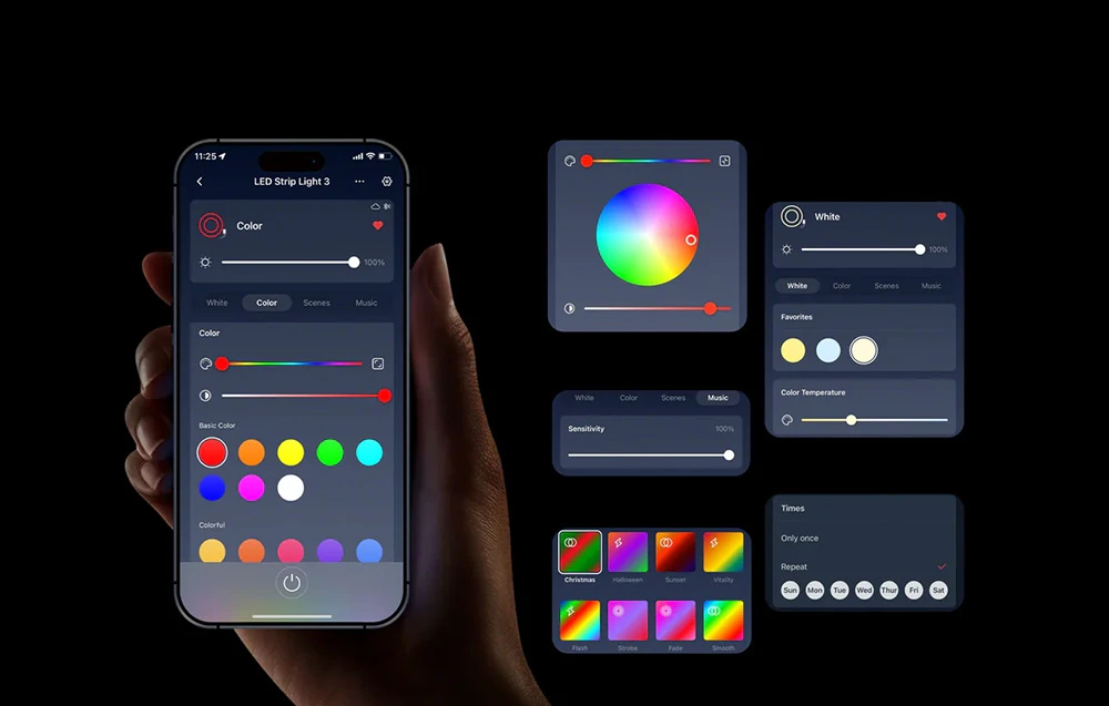 Interfața aplicației SwitchBot cu paletă de culori RGB, glisoare și presetări pentru benzi LED