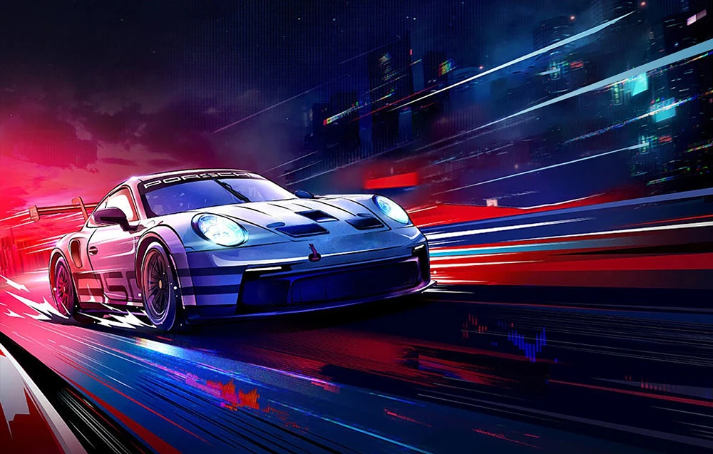 Ecranul monitorului portabil afișează o mașină sport Porsche pe o pistă nocturnă într-un stil neon, futurist