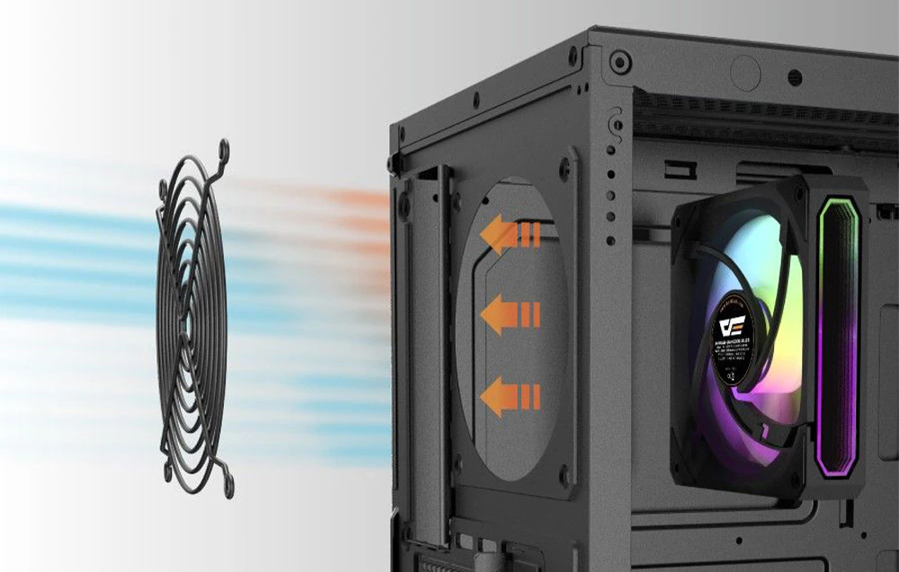 Plasă metalică lângă o carcasă de computer neagră cu ventilator.