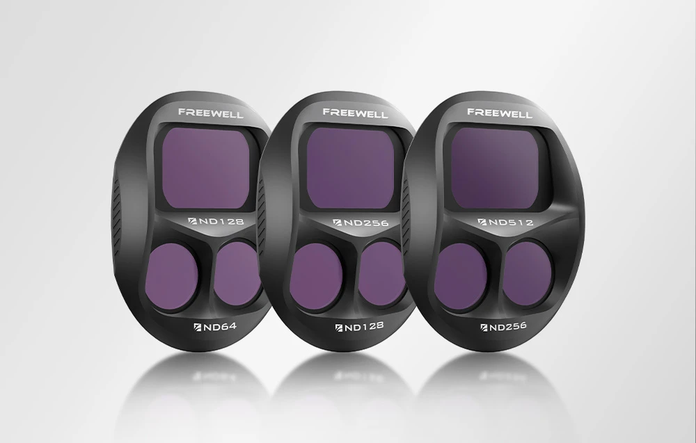 Trei module de filtre ND Freewell cu reflexii - ND128, ND256 și ND512 cu ochelari mov pe un fundal luminos