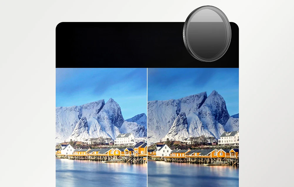 Comparația unei fotografii a unui peisaj montan cu apă înainte și după utilizarea unui filtru gri
