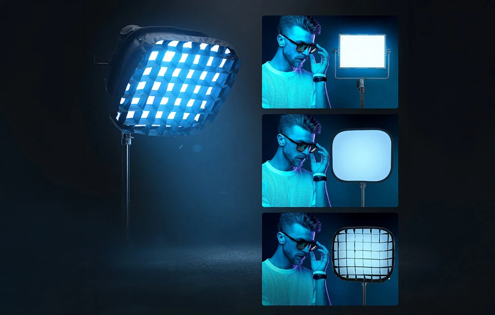 Lampă de iluminat cu un accesoriu special de difuzare a luminii și o comparație a efectelor de umbră pe un model.