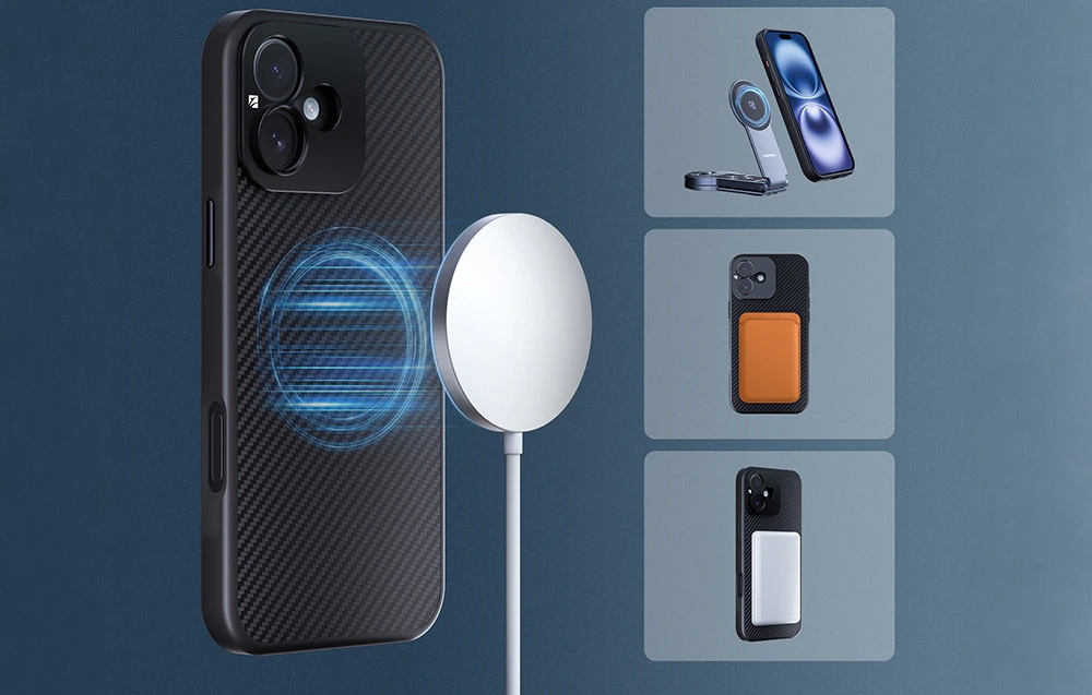 O husă din fibră de carbon pentru iPhone 16 cu un încărcător circular MagSafe atașat și trei variante de ramă