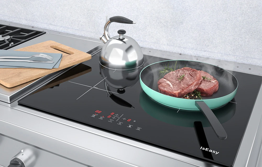 Plită cu inducție IsEasy cu ceainic din oțel inoxidabil și tigaie turcoaz pentru carne crudă