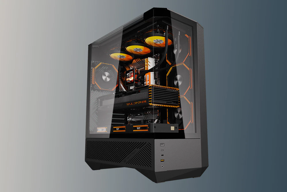 Carcasă de computer neagră cu ventilatoare portocalii pe un fundal întunecat
