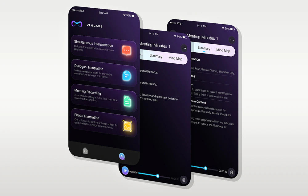 Trei ecrane de smartphone afișând interfața aplicației cu funcții de traducere și înregistrare a întâlnirilor.