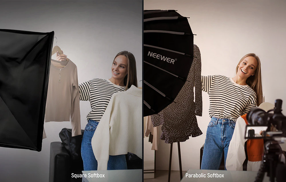 O femeie prezintă haine în fața camerei în două setări de iluminare - la stânga cu o softbox pătrată, la dreapta cu o softbox parabolică marca Neewer