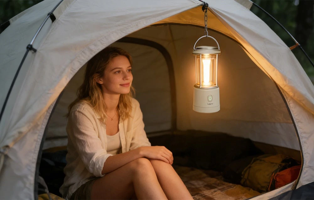 O femeie zâmbitoare stă în interiorul unui cort cu acoperișul sfâșiat, de unde atârnă o lanternă de camping aprinsă.