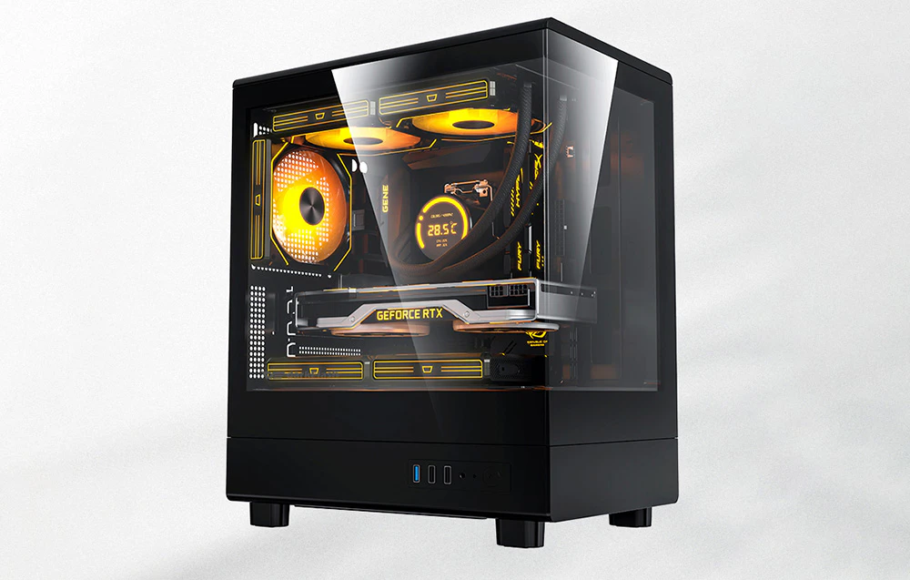 carcasă de computer neagră cu unități în interior pe un fundal gri