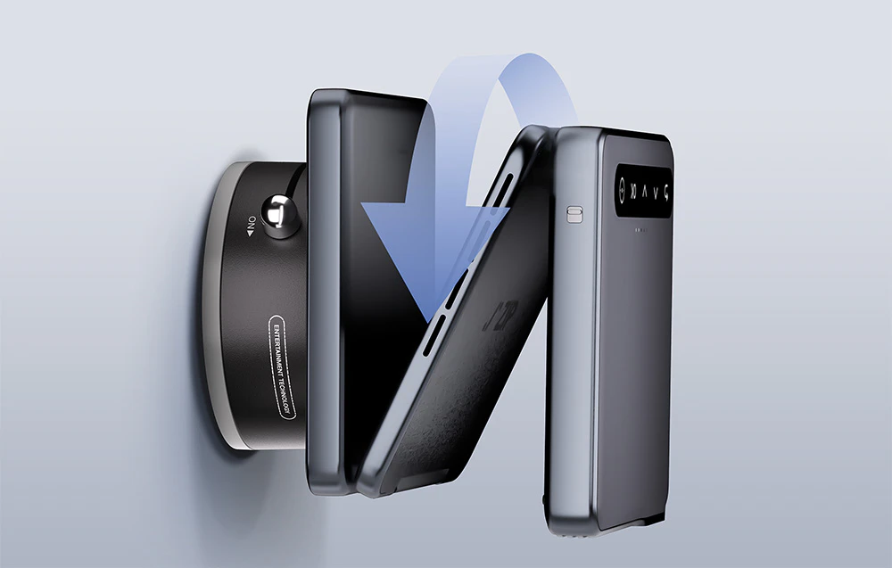Proiector Zip atașat la suportul magnetic Magplay de pe perete