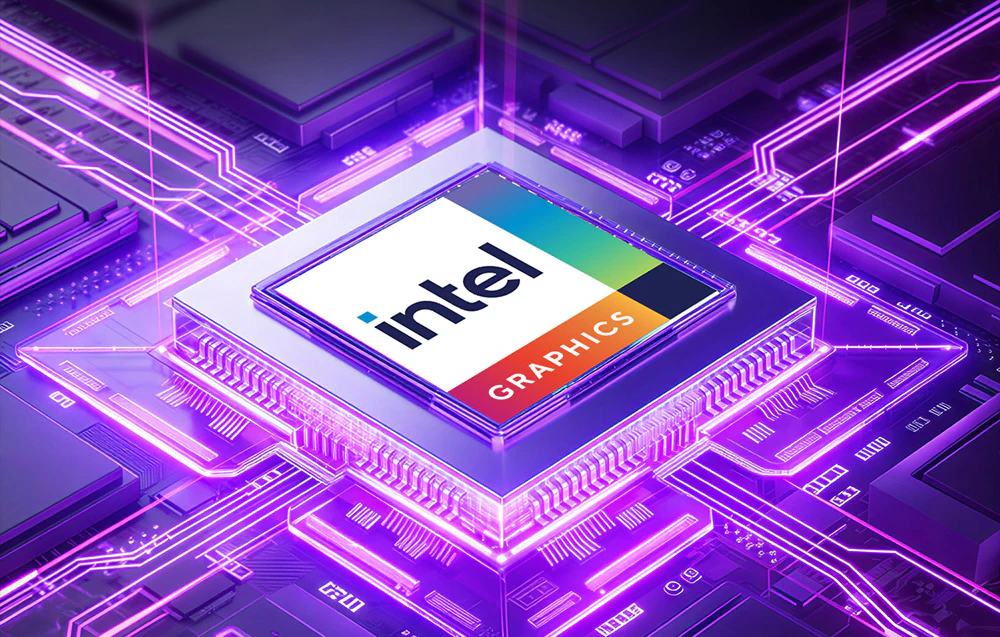 Un procesor grafic Intel așezat pe o placă de bază cu iluminare violetă a pistelor electronice