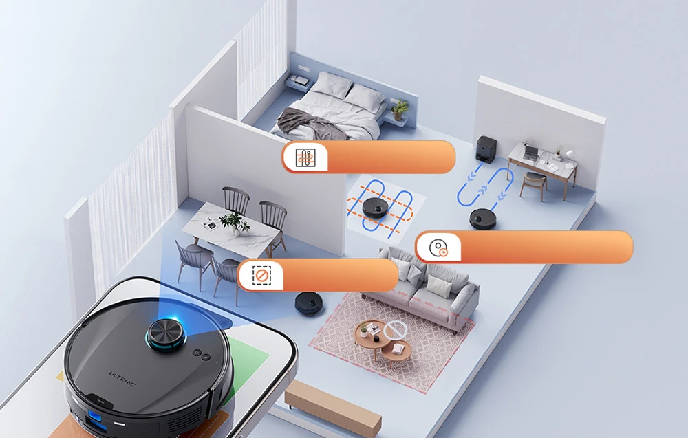 O planșă 3D a unui apartament cu zonele de curățare ale robotului aspirator Ultenic marcate