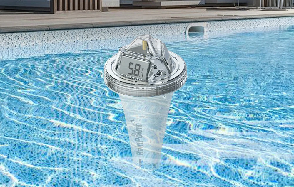 Senzor plutitor de temperatură pentru piscină care afișează 58,7 °F