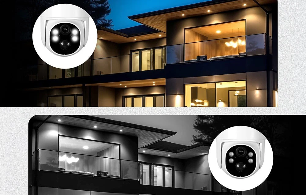 Două imagini ale unei case moderne pe timp de noapte: o imagine color cu luminile aprinse și o imagine alb-negru cu lumina de fundal IR a camerei