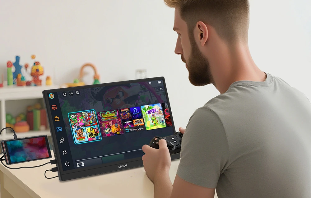 Un bărbat se joacă pe o consolă Nintendo Switch folosind un monitor portabil ZEUSLAP