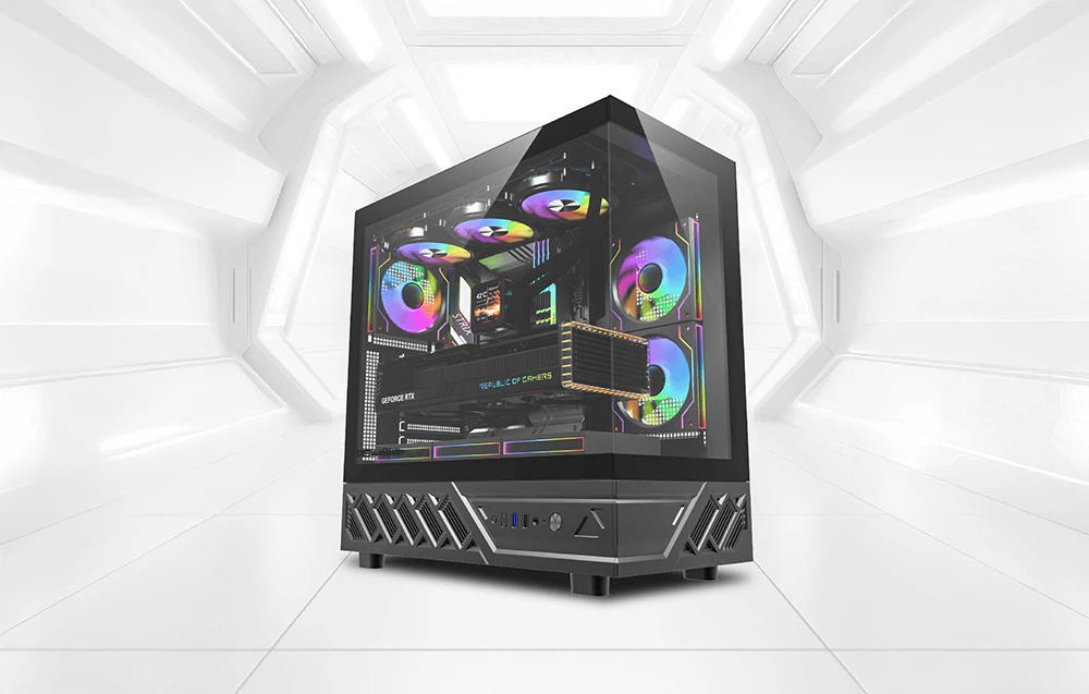 Carcasă neagră pentru PC cu ventilatoare RGB iluminate într-un interior alb futurist