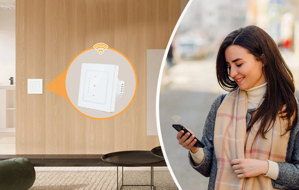 Panou de control de perete cu un modul Wi-Fi vizibil și o femeie afară care utilizează aplicația de pe telefonul ei