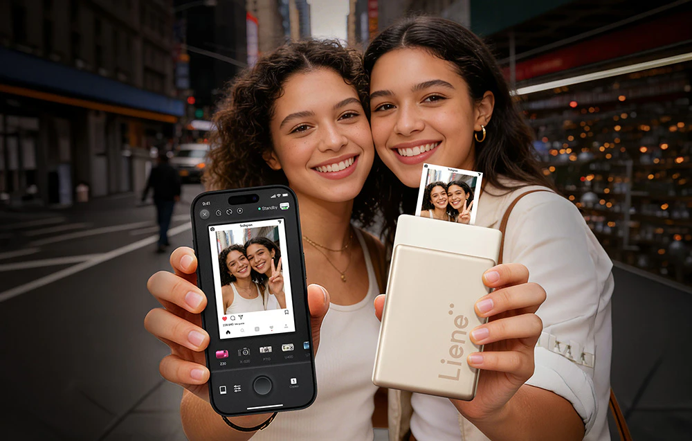 Două fete zâmbitoare, una ținând un smartphone, cealaltă ținând o imprimantă portabilă