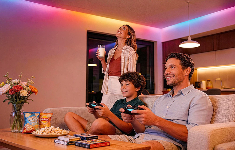 O familie împreună cu fiul lor se relaxează în sufragerie, iluminată de benzi LED colorate