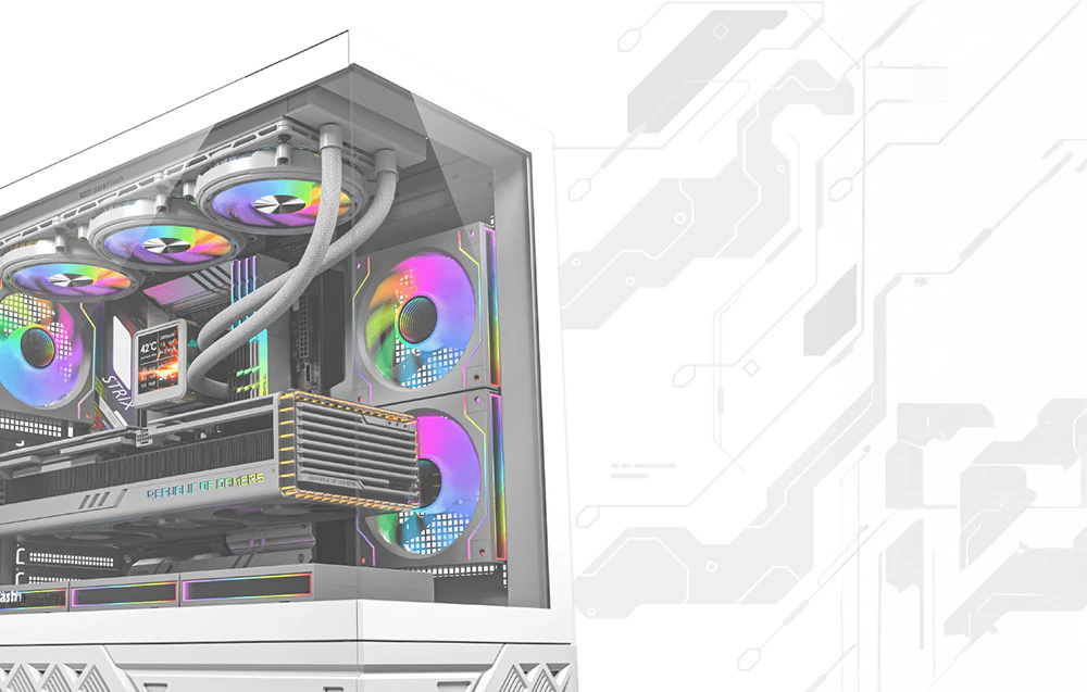Aproape-up al unei carcase albe pentru PC cu ventilatoare RGB colorate pe un fundal deschis