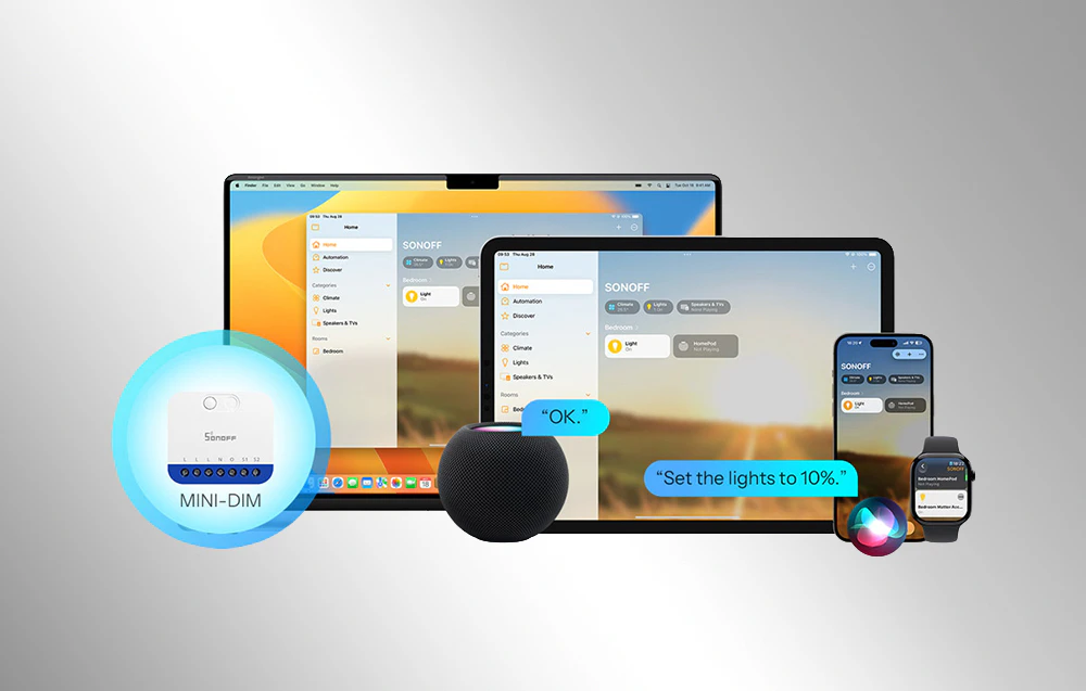 MINI-DIM controlat dintr-o aplicație și asistent vocal pe telefon, tabletă și laptop