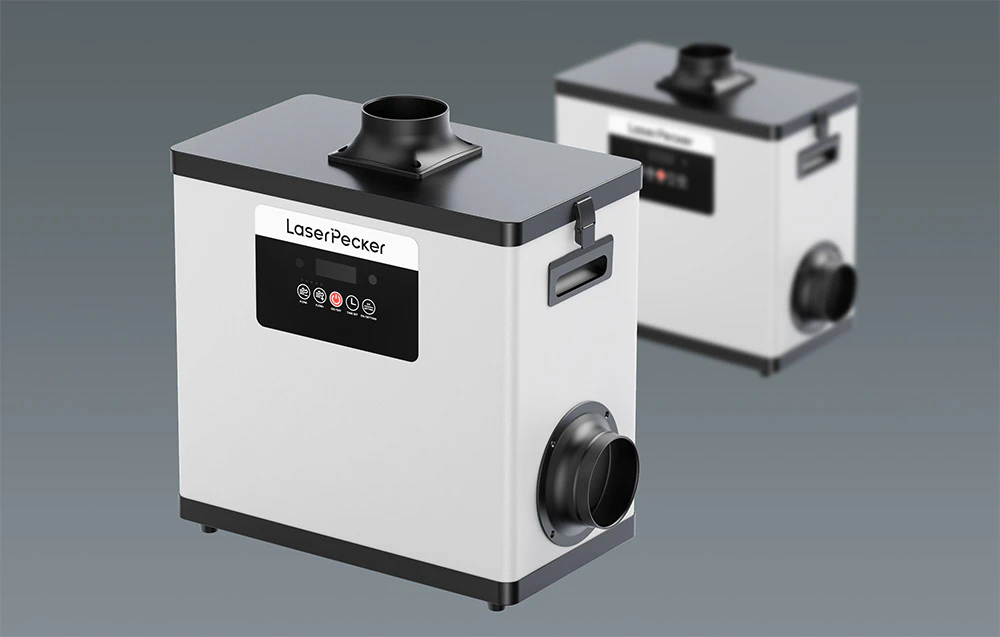 Două modele renderizate ale dispozitivului LaserPecker cu panou de control negru și prize de aer vizibile