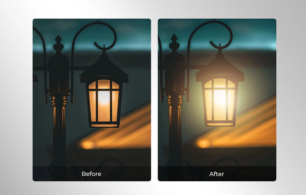 Comparație între o fotografie a unui far fără filtru și una cu efect de strălucire difuză după utilizarea unui filtru de difuzie Glow Mist.