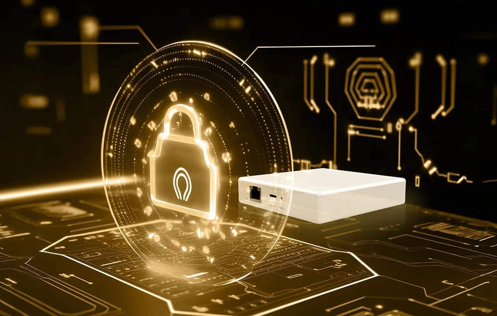 Un gateway alb pe fundalul unui lacăt digital, simbolizând securitatea datelor în rețeaua de acasă.
